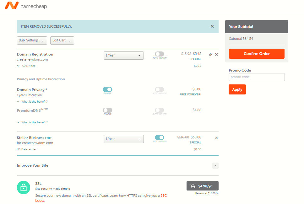 confirm namecheap hosting and domain order