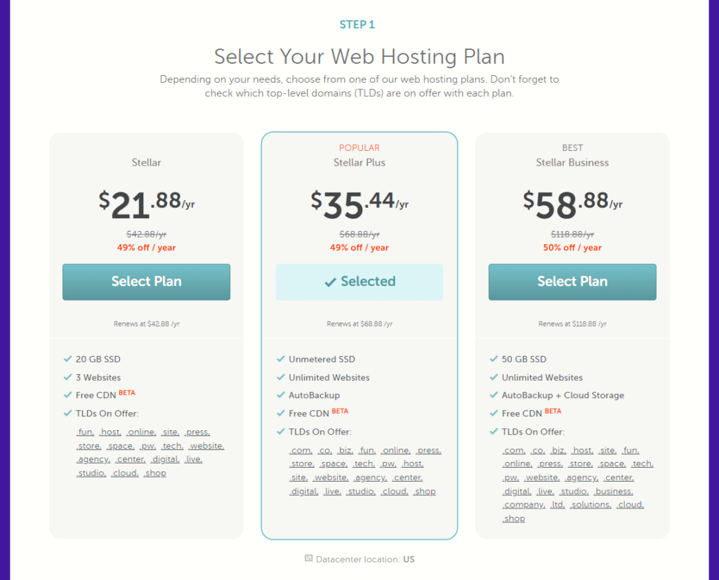 Namecheap shared hosting plan including a free domain name