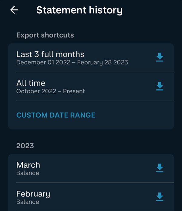 Monzo Bank statement month, 3 month or all time