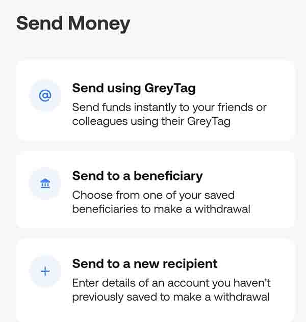 GreyTag and Bank account sending option on Grey