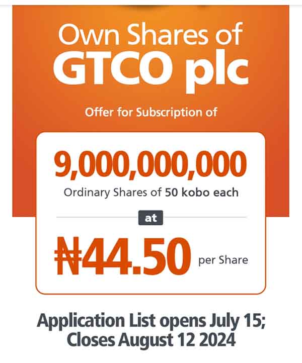 GTBank public offer shares at 44.50 per share