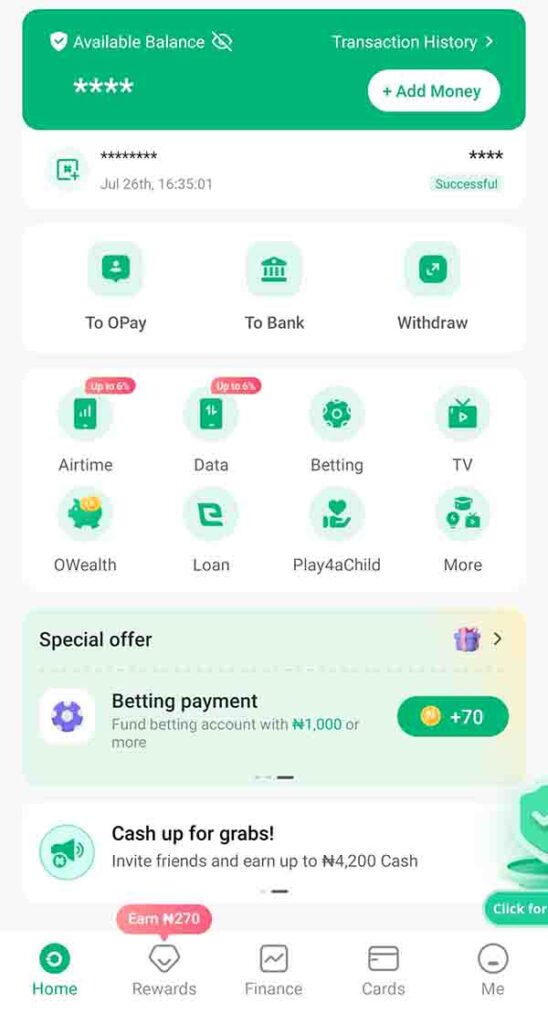 Opay app dashboard 