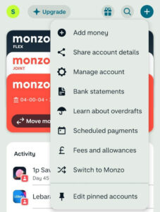 Share MONZO Account Details Option