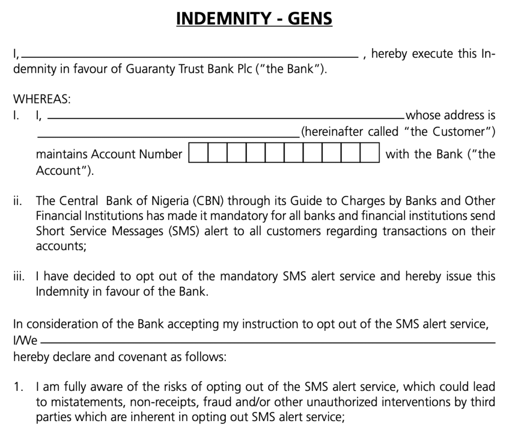 GTBank SMS alert disable form