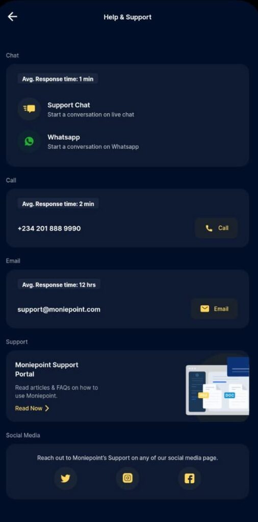 Moniepoint customer Help and Support section