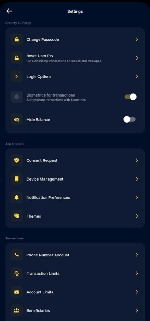 Moniepoint app settings
